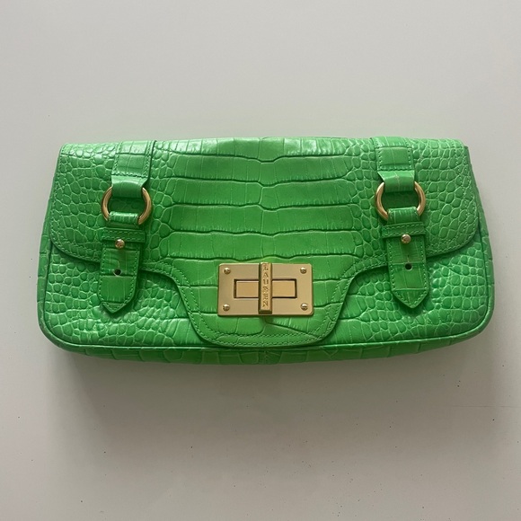 Vintage Lauren Ralph Lauren Green Faux Croc Skin Handbag Gold Toned - Picture 2 of 10